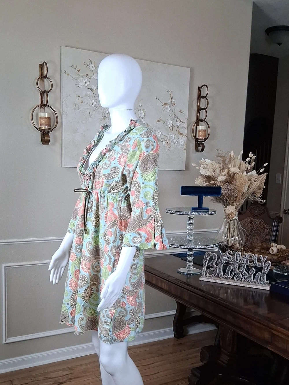 Women's Boho Linen Paisley Print Summer Dress  Multicolor Coverup Medium - Picture 5 of 17